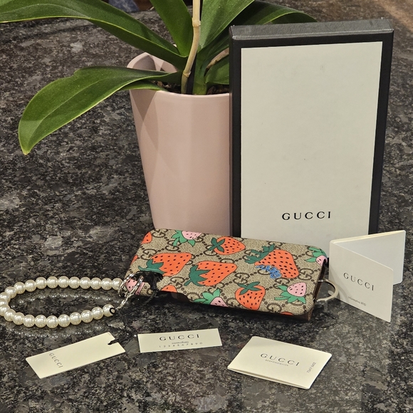 Gucci Accessories - Gucci GG Monogram Strawberry Case w/Faux Pearl Wristlet & Leather Key Case added